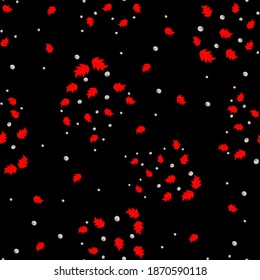 Leaves background. Vector seamless pattern with leaf silhouettes, dots. Elegant abstract ornament texture in black, red and beige color. Autumn theme. Doodle style illustration. Repeatable design