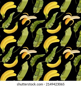 Leaves and bananas in the illustration.Vector pattern with bananas and palm leaves on a black background.