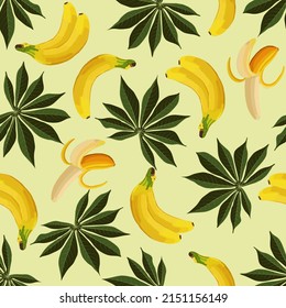 Leaves and bananas in a pattern.Vector pattern with bananas and palm leaves on a colored background.