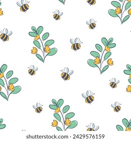 leaves  and Bee Hand drawn Seamless Pattern. Hand Drawn vector Print design for textiles. KIds print