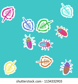 Leaves, beetles, doodles,dotted lines, labels pattern. Hand drawn.
