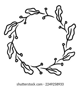 leaves and berries arrangement as circle frame hand drawn illustration for wedding invitation ornament and decoration