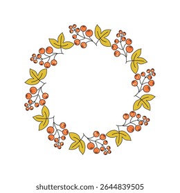 Leaves, berries. Autumn set. Round frame, banner with space for text. Leaf fall, doodles, drawings, sketch. Natural botanical background.