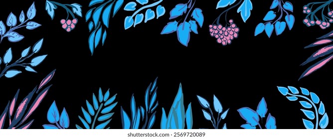 Leaves and berries banner, hand draw with texture.bright blue and pink colors, simpel and stylish. Vector, isolated.