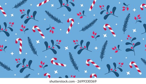 Leaves and berries with candy cane seamless pattern. Perfect for wrapping paper, fabric, and holiday decoration. Winter holidays theme. Vector illustration