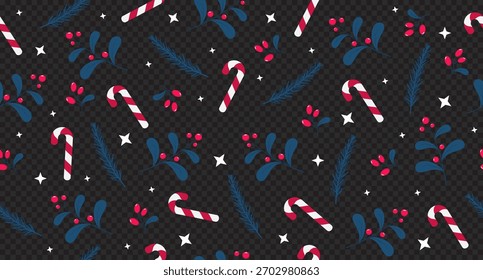 Leaves and berries with candy cane seamless pattern. Perfect for wrapping paper, fabric, and holiday decoration. Winter holidays theme. Vector illustration