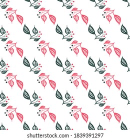 Leaves and berries christmas seamless vector pattern. Simple botanical surface print design for fabrics, stationery, scrapbook paper, gift wap, home decor, textiles, and packaging.