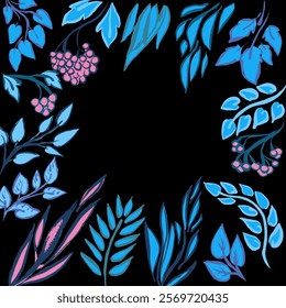 Leaves and berries circle, hand draw with texture.bright blue and pink colors, simpel and stylish. Vector, isolated.