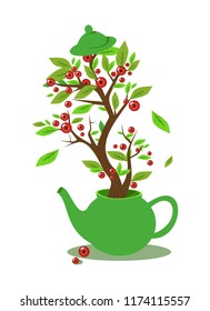 The leaves and berries of cranberries in a tea pot. Cute tea time card. Cup with floral design elements. Menu for restaurant, cafe, bar, tea-house. vector illustration