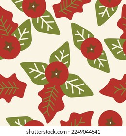 Leaves and berries doodle vector seamless repeat pattern