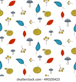 Leaves and berries fall seamless pattern. Autumn scene white background.