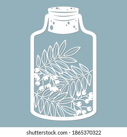 Leaves and berries in a glass jar. Laser cut. Vector illustration. Pattern for the laser cut, scrapbooking, plotter and screen printing.