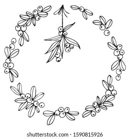 leaves and berries hand drawn decorative monochrome wreath Christmas Thanksgiving New Year festive vector illustration isolated on white background