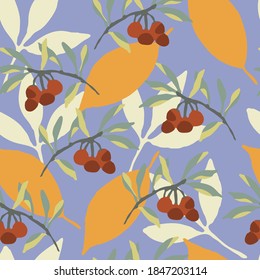 Hojas y bayas dibujadas a mano vectores sin costuras. Plantas multicolores sobre un fondo lila. Papel de envoltura botánica, textil, diseño de fondo.