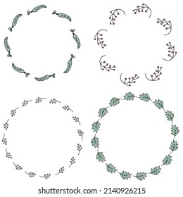 Leaves, berries and peas frames collection. Perfect for invitations, cards and print. Floral vector illustration for decor and design.

