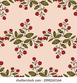 Leaves and berries seamless pattern. Floral ornament. Design for textiles, paper, fabric, packaging, bedding, wallpaper. Vector illustration.
