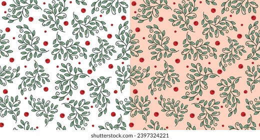 Leaves and berries seamless pattern, floral background