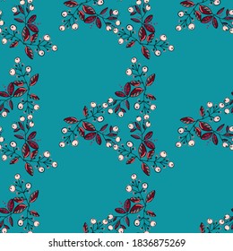 Leaves and berries seamless pattern. Hand drawn floral ornament. Design for textiles, paper, fabric packaging, bed linen, wallpaper. Vector illustration.