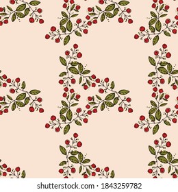 Leaves and berries seamless pattern. Hand drawn floral ornament. Design for textiles, paper, fabric packaging, bed linen, wallpaper. Vector illustration.