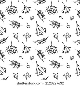 Leaves And Berries Seamless Pattern. Hand-drawn Background With Rowan, Blueberry And Leaves In Doodle Style.