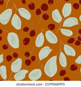 leaves and berries seamless pattern. Natural background doodle leaves