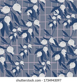 Leaves and berries seamless pattern on blue background. Floral wallpaper. Botanical print. Decorative backdrop for fabric design, textile print, wrapping paper, cover. Vector illustration