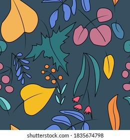 
Leaves and berries seamless pattern on an indigo background.