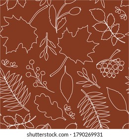 Blätter, Beeren und Äste.  Linienzeichnung Herbst- und Sommerdesign.  Für Papier, Deckel, Stoff, Geschenkverpackung, Tapete, Innendekoration