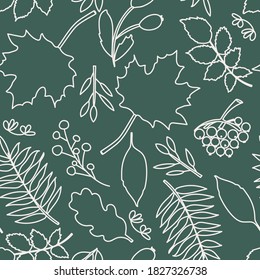 Leaves, berries and tree branches.  Line drawing, seamless pattern. Autumn and summer design.  For paper, cover, fabric, gift wrapping, wall art, interior decor.