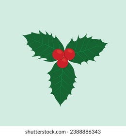 Leaves and berry holly illustration flat vector in cartoon style isolated on light blue background. Merry Christmas. For Christmas cards, banners, tag, labels, background.