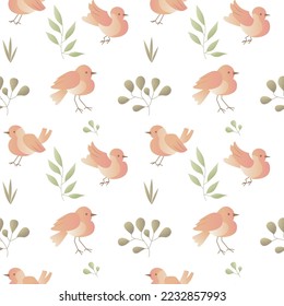 Leaves and bird seamless natural pattern in vintage style. Vintage background with natural elements for fabrics, textiles, nursery design, wallpapers, etc.