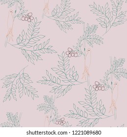 Leaves and birds seamless pattern on a light pink background. Retro seamless pattern wallpaper.