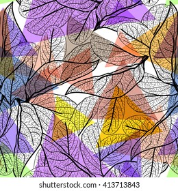 Leaves black contours, bright pink orange blue lilac modern trendy background. floral seamless pattern, hand-drawn. Geometric abstract background for site, blog, fabric. Vector illustration