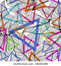 Leaves black contours, Rainbow magenta pink orange blue lilac purple green triangles modern trendy. floral seamless pattern, hand-drawn. Geometric abstract background for site, blog, fabric. Vector