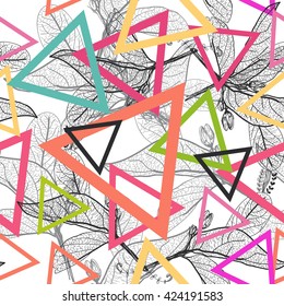 Leaves black contours, triangle Rainbow bright magenta pink orange blue modern trendy background. floral seamless pattern, hand-drawn. Geometric abstract background for site, blog, fabric. Vector