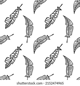Leaves black ink outline in doodle style seamless pattern.