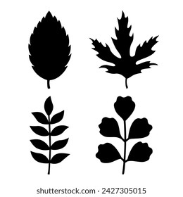 Leaves black silhouettes. Vector autumn or spring illustrations. Isolated on white background. Flat style. Simple plant outlines for paper or laser cutting and printing on any surface.