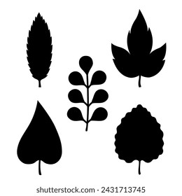 Leaves black silhouettes. Vector autumn or spring illustrations. Isolated on white background. Flat style. Simple plant outlines for paper or laser cutting and printing on any surface.