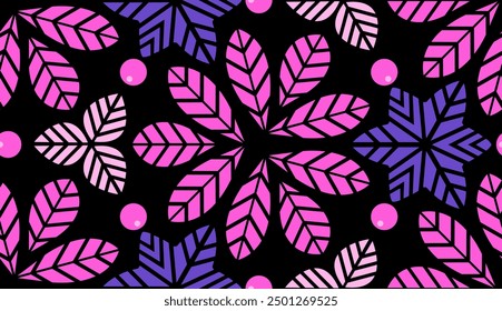 Leaves (Black, Soft Pink, Magenta, Purple) - Seamless Pattern; Repeating Vector Image; Easily Editable; Endless Design; Colorful lIlustration - Print for Gift Paper, Packaging, etc.