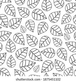 Leaves black and white, black outline, over white background, abstract sections leaf, seamless pattern.