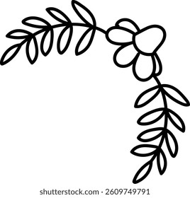 Leaves and a blossom form a corner frame in a simple line drawing style.  A plant motif creates a decorative border using a hand-drawn technique. Cartoon vector illustration