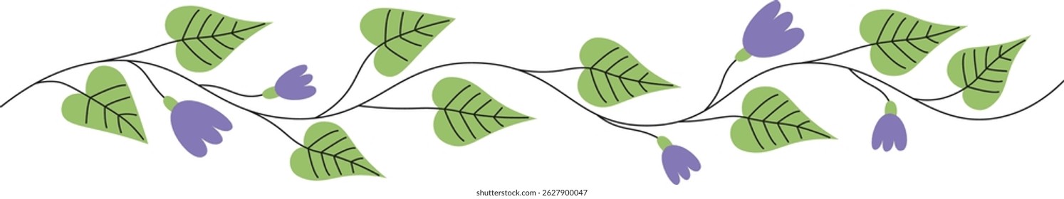 Leaves and blossoms form a continuous line in a flat style.  A curving stem displays delicate flowers and foliage along its length. Cartoon vector illustration