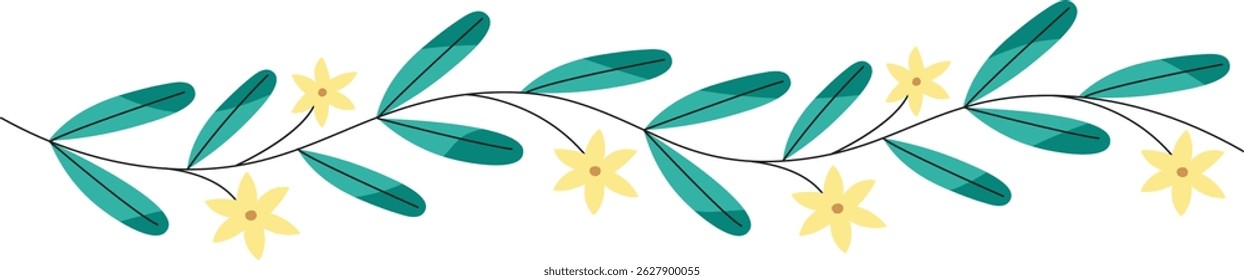 Leaves and blossoms form a delicate branch in a flat style.  A springtime garland of foliage and flowers creates a pretty line. Cartoon vector illustration