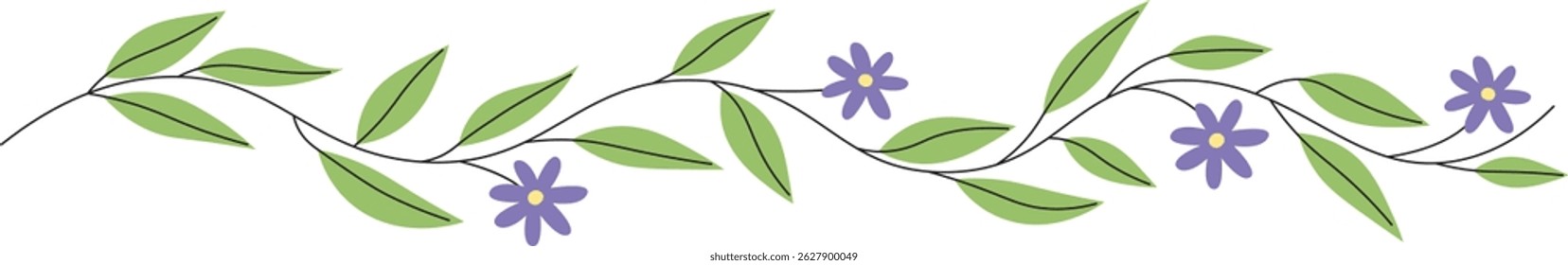 Leaves and blossoms form a flowing vine in a minimalistic line drawing.  A delicate plant branch with blooms creates a natural border. Cartoon vector illustration