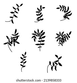 Leaves boho silhouette. Minimalistic abstract boho outlines of branch and leaf. Flower and plant. Element for abstract poster. Stock vector illustration isolated on white background. 