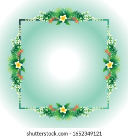 Leaves border rectangular white and yellow flowers with tropical types of green leaves. Gradient light green background. invitation and card illustration,