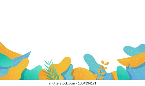 Leaves border set. Flat style. Plants, flowers, bushes. Modern trendy minimalistic and simple design. Bright summer, spring colors. Cartoon style. Floral background. Vector illustration.