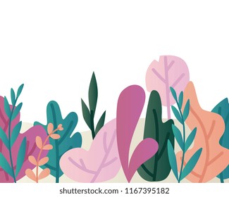 Leaves border vector illustration - trendy frame with beautiful colorful plant foliage isolated on white background. Flat herbal row composition for floral design - natural element.