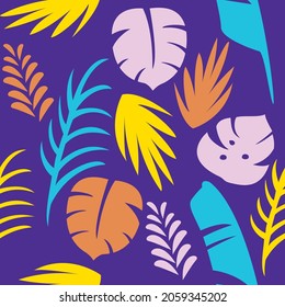 leaves botanical style vector seamless pattern. colorful monstera coconut palm and banana leaves on blue background. summer elements decorative cute. graphic of hand drawn illustration for print.