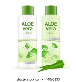 Leaves and bottles with aloe vera water toner and soap on white background realistic vector illustration